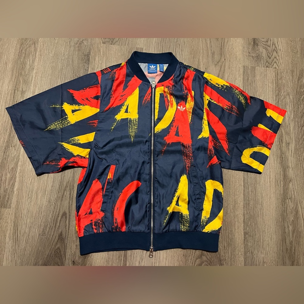 adidas Navy Bomber Jacket with Red & Yellow Brushstroke Print